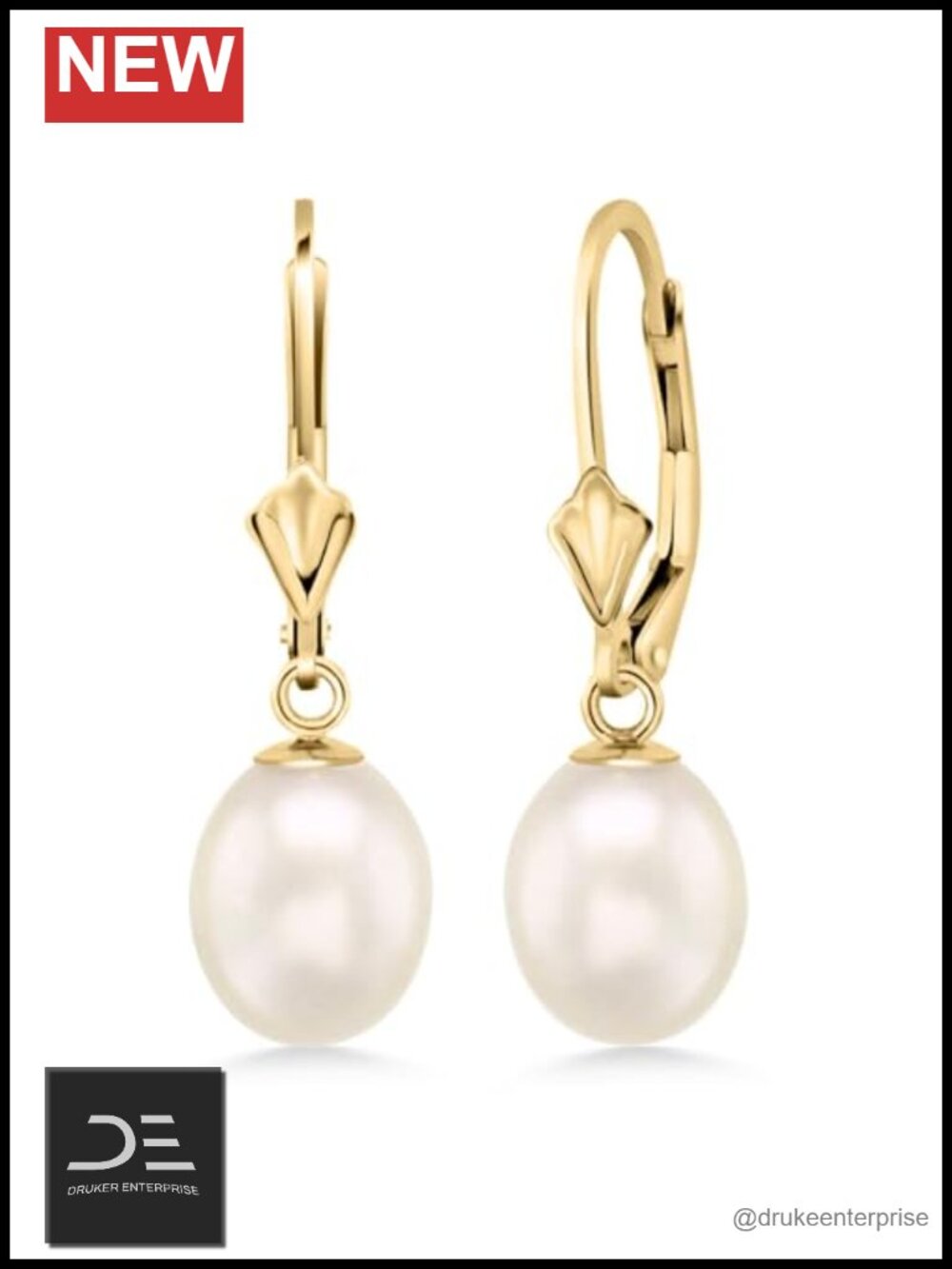 Freshwater Pearl Drop Dangle Earrings 14K Yellow Gold Lever Back